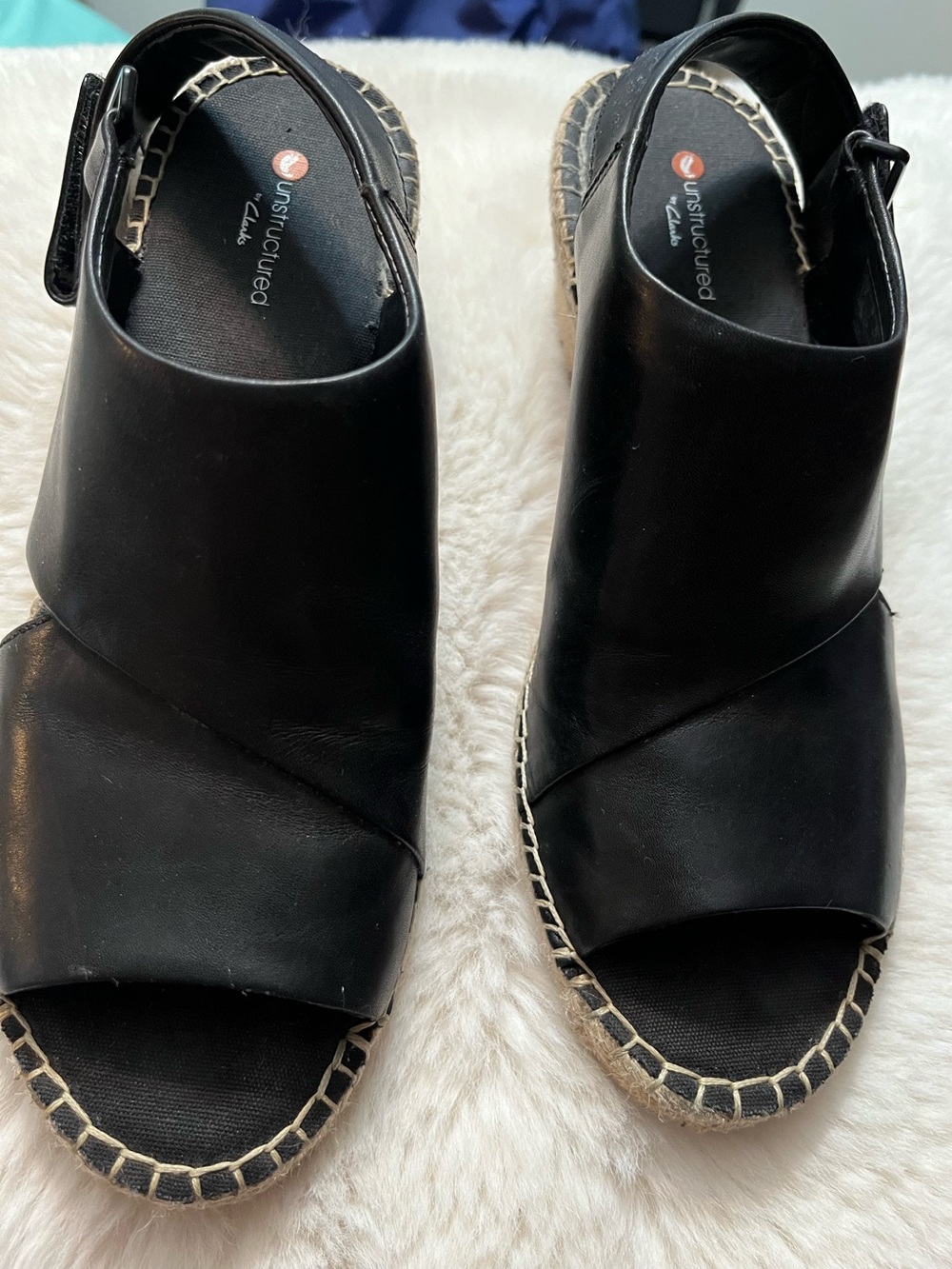 Black Leather Espadrille Wedge Sandals Size 7